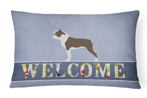 12 in x 16 in  Outdoor Throw Pillow Boston Terrier Welcome Canvas Fabric Decorative Pillow