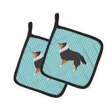 Load image into Gallery viewer, Sheltie/Shetland Sheepdog Checkerboard Blue Pair of Pot Holders