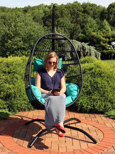 Sunnydaze Resin Wicker Hanging Egg Chair with Steel Stand/Cushion - Teal