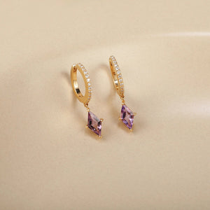 14K Gold Diamond & Amethyst Huggie Hoops