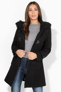 Womens/Ladies Hooded Rockabilly Duffle Coat - Black