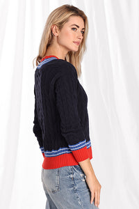 Cttn Cable V With Striped Trims Sweater