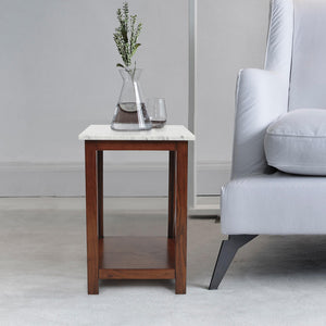 Agatha 15" Square Italian Carrara White Marble Side Table With Walnut Color Solid Wood Legs