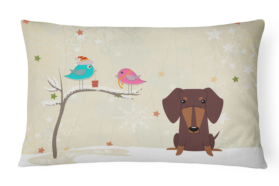 12 in x 16 in  Outdoor Throw Pillow Christmas Presents between Friends Dachshund - Chocolate Canvas Fabric Decorative Pillow