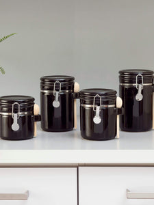 4 Piece Ceramic Canister Set with Wooden Spoons, Black