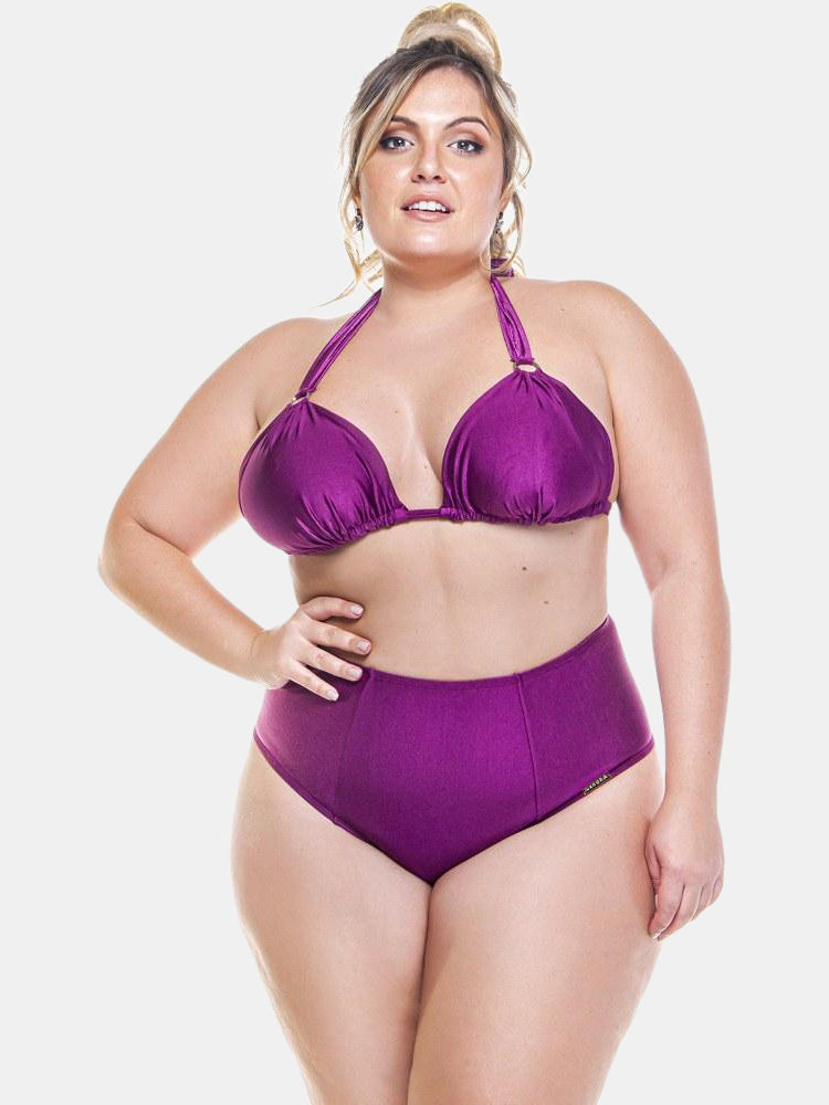 Plus Size Double Lined Fabric Bikini Top With Metal Details In The Straps. Dark Pink Color