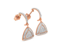 Load image into Gallery viewer, 14K Rose Gold Plated .925 Sterling Silver Diamond-Accent Trillion Shaped 4-Stone Halo Style Dangle Earrings