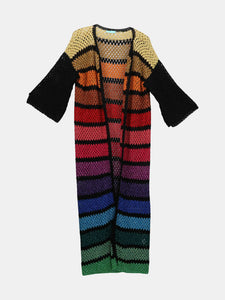 Rose Carmine Women's Horizontal Black / Rainbow Metallic Granny Crochet Striped Long Cardi Cardigan