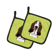 Load image into Gallery viewer, Checkerboard Lime Green Basset Hound Pair of Pot Holders
