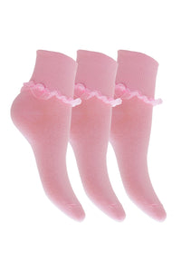 Big Girls Cotton Rich Socks With Ruffled Trim (Pack Of 3) - Pink
