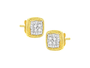10K Yellow Gold Plated .925 Sterling Silver 1/10 Cttw Prong-Set Round Cut Diamond Square Shape with Milgrain Halo Stud Earrings
