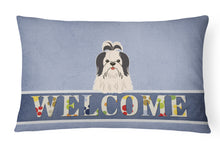 Load image into Gallery viewer, 12 in x 16 in  Outdoor Throw Pillow Shih Tzu Black White Welcome Canvas Fabric Decorative Pillow