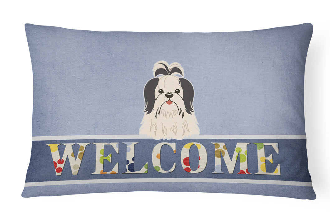 12 in x 16 in  Outdoor Throw Pillow Shih Tzu Black White Welcome Canvas Fabric Decorative Pillow