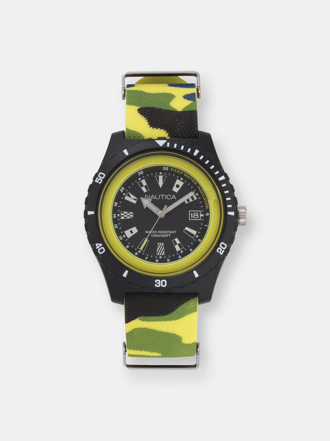 Nautica Watch NAPSRF007 Surfside, Analog, Water Resistant, Deep Water Indicator, Calendar, Signal Flag Indexes, Camo Silicone Strap, Black
