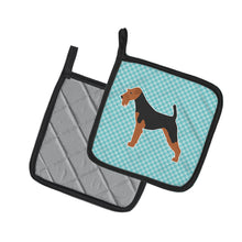 Load image into Gallery viewer, Airedale Terrier Checkerboard Blue Pair of Pot Holders