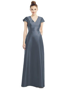 Cap Sleeve V-Neck Satin Gown with Pockets - D779