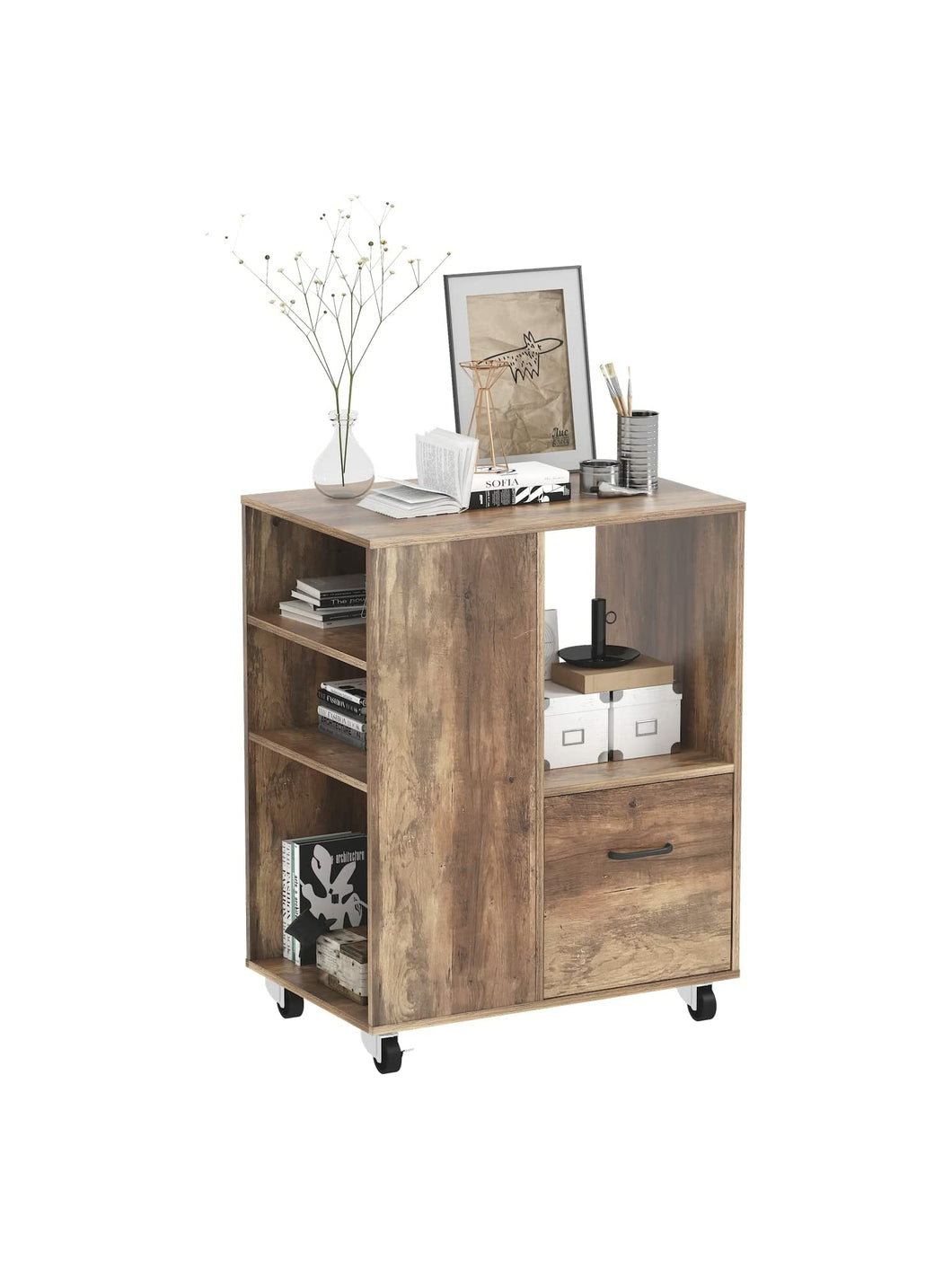 Mobile Wood Office Storage Cabinet With Drawers And Shelves For Home Office