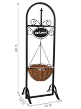 Load image into Gallery viewer, Decorative Welcome Sign and Hanging Flower Basket Planter Stand