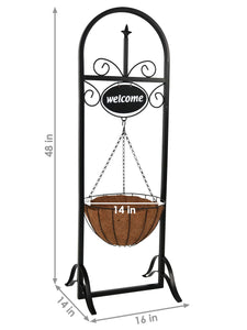 Decorative Welcome Sign and Hanging Flower Basket Planter Stand