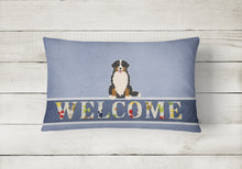 Load image into Gallery viewer, 12 in x 16 in  Outdoor Throw Pillow Bernese Mountain Dog Welcome Canvas Fabric Decorative Pillow