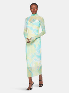 Hot Mesh Long Sleeve Midi Dress | Yellow Tie Dye