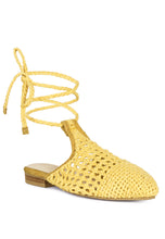 Load image into Gallery viewer, Bartsi Yellow Handwoven Cotton Tie Up Mule Flats