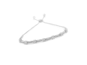 .925 Sterling Silver 1/4 Cttw Diamond 4”-10” Adjustable Bolo Alternating Square and Rectangle Bolo Bracelet