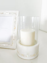 Load image into Gallery viewer, White Marble Hurricane Candle Holder With Mother Of Pearl Stripe