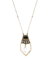 Black, Grey and Gold Multi Bead Crystal and Facet Quartz Teardrop Long Necklace