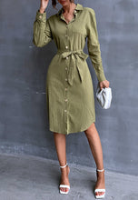 Load image into Gallery viewer, Contrast Button Belted Shirt Dress