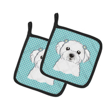 Load image into Gallery viewer, Checkerboard Blue Maltese Pair of Pot Holders
