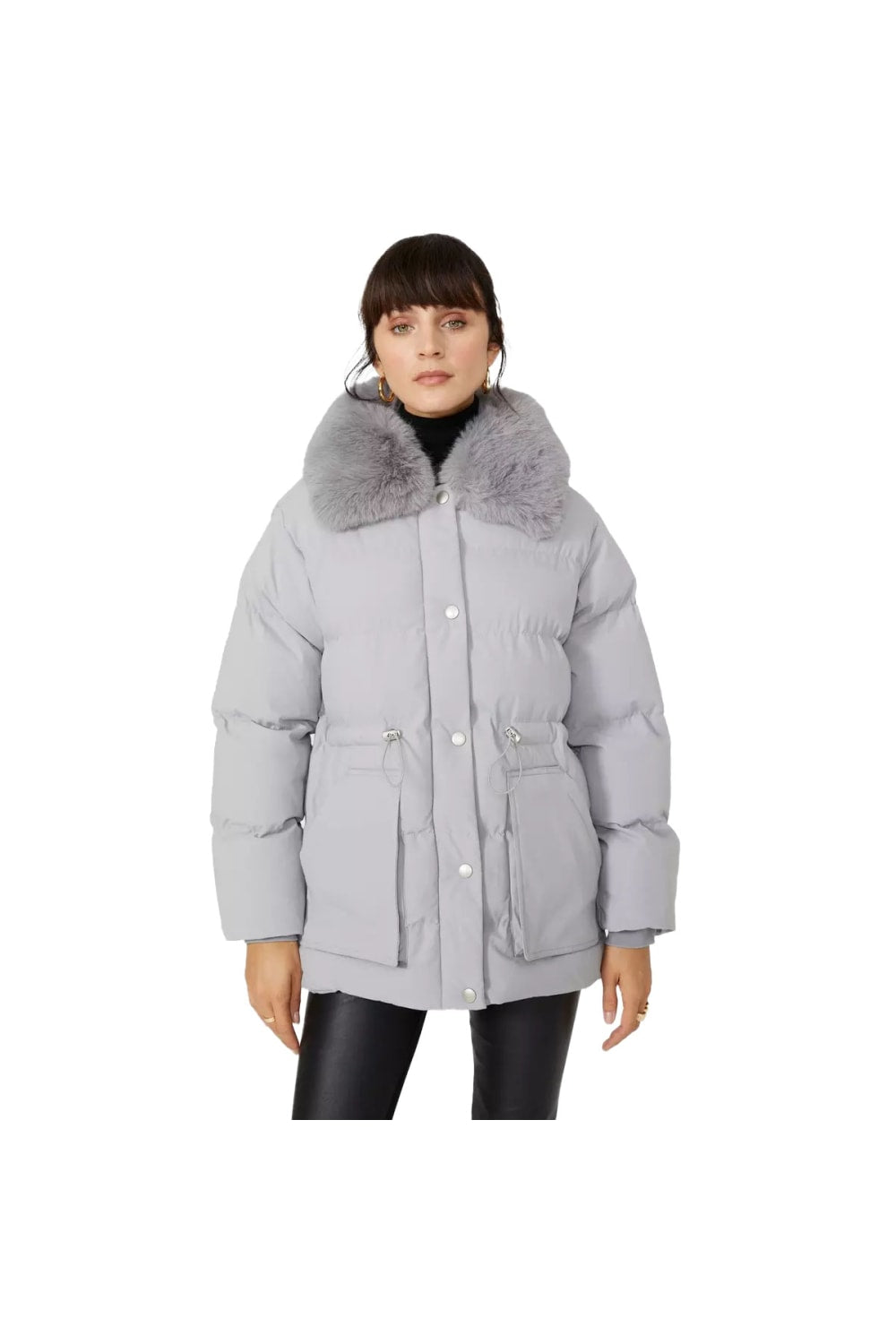 Womens Faux Fur Short Padded Jacket - Pale Grey
