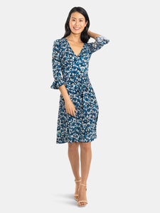 Perfect Wrap Ruffle Sleeve Dress in Calico Blue