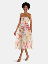 Load image into Gallery viewer, Strapless Pink Floral Organdy Midi Dress - D834FP