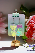 Load image into Gallery viewer, Iridescent Dice Earrings - Gambling Dominoes Shakers Bones Craps Casino Bet Las Vegas Gaming Lasercut Reflective Rainbow Dangle