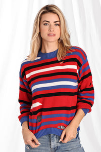 Cotton/Cashmere Striped Crew W/Cut-Outs Sweaters - Multi Stripe