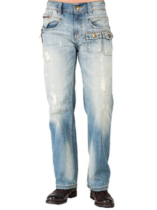 Men's Relaxed BootCut Premium Distressed Jeans, Zipper Utility Pockets