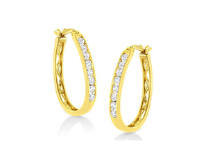 14K Yellow Gold 7/8 Cttw Princess And Baguette-Cut Diamond Square Framed Huggie Hoop Omega Earrings