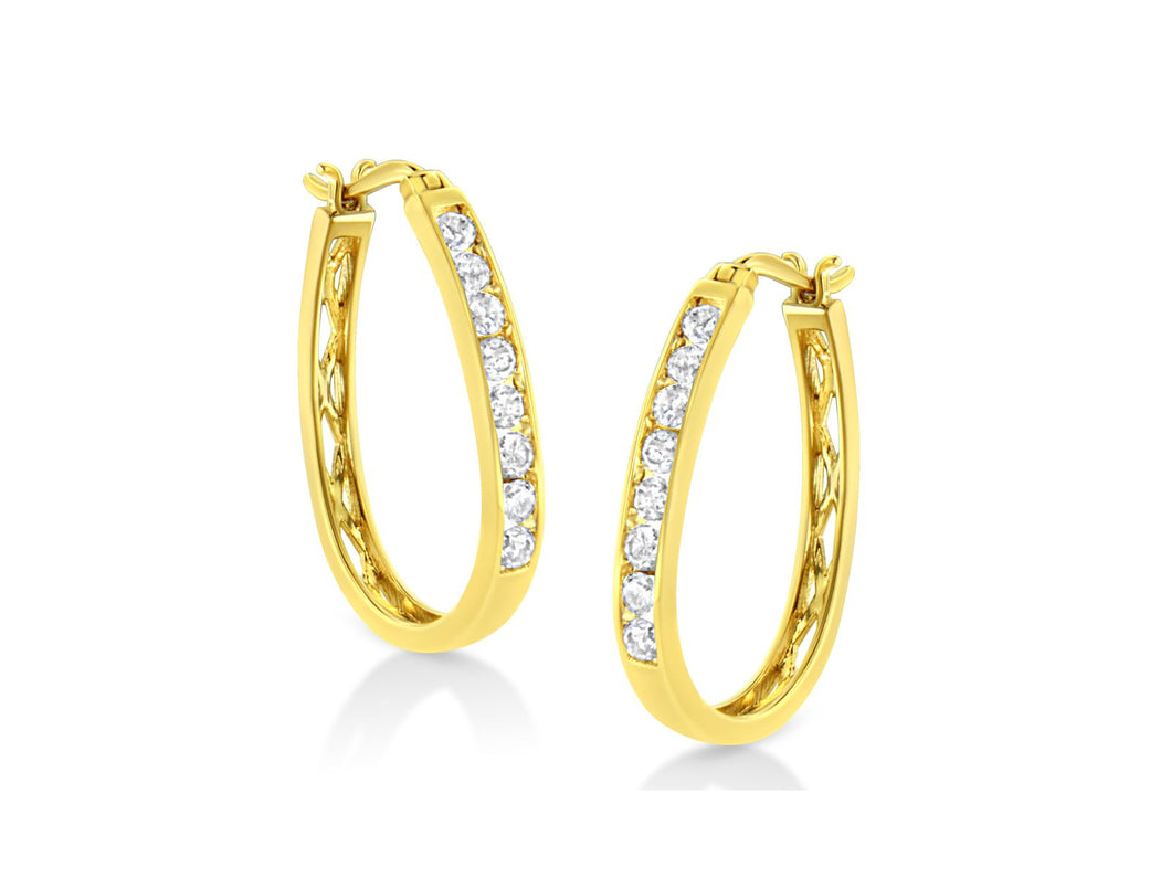 14K Yellow Gold 7/8 Cttw Princess And Baguette-Cut Diamond Square Framed Huggie Hoop Omega Earrings