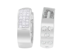 14K White Gold 1 1/8 cttw Princess and Round Cut Diamond Huggie Earrings