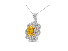 Load image into Gallery viewer, 18K Yellow and White Gold 1.75 Cttw Diamond Lab Grown Treated Yellow Emerald Center Diamond Halo 18&quot; Pendant Necklace