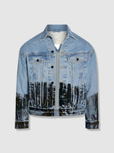 Load image into Gallery viewer, Shorter Light Wash Denim Jacket with Midnight Oil Foil