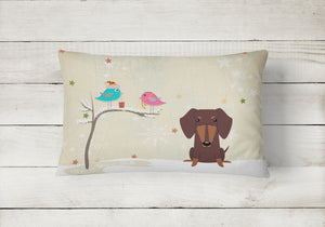12 in x 16 in  Outdoor Throw Pillow Christmas Presents between Friends Dachshund - Chocolate Canvas Fabric Decorative Pillow
