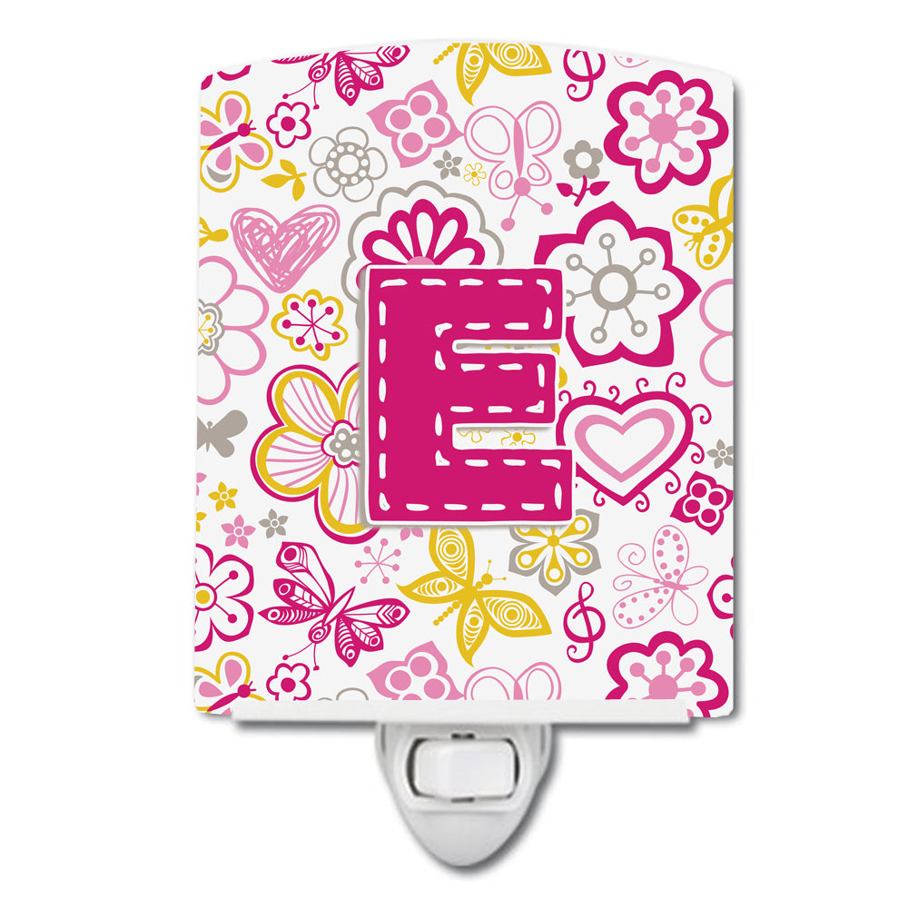 Letter E Flowers and Butterflies Pink Ceramic Night Light