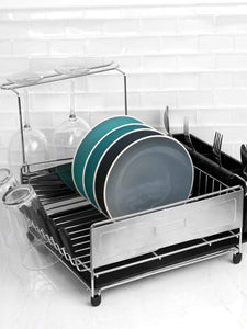 Michael Graves Design Deluxe Extra Large Capacity Stainless Steel Dish Rack with Wine Glass Holder, Black