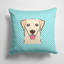 Load image into Gallery viewer, 14 in x 14 in Outdoor Throw PillowCheckerboard Blue Golden Retriever Fabric Decorative Pillow