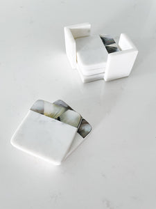 Grey Mother Of Pearl White Marble Coasters With Holder (Set Of 4)
