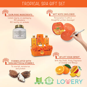 Lovery Home Spa Gift Basket - Orange & Mango Scent - 7 pc Bath and Body set