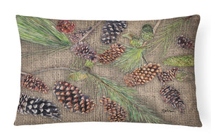12 in x 16 in  Outdoor Throw Pillow Pine Cones  on Faux Burlap Canvas Fabric Decorative Pillow