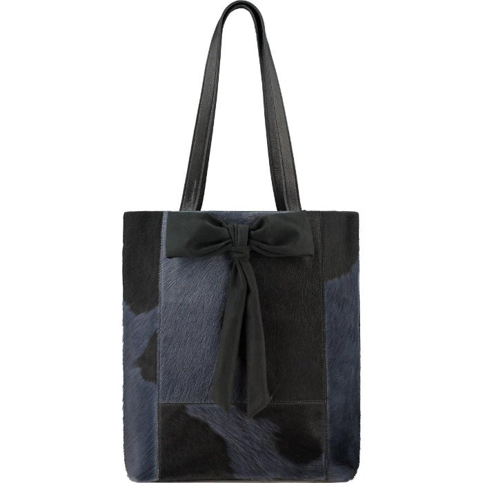 Navy Bow Calf Hair Leather Tote